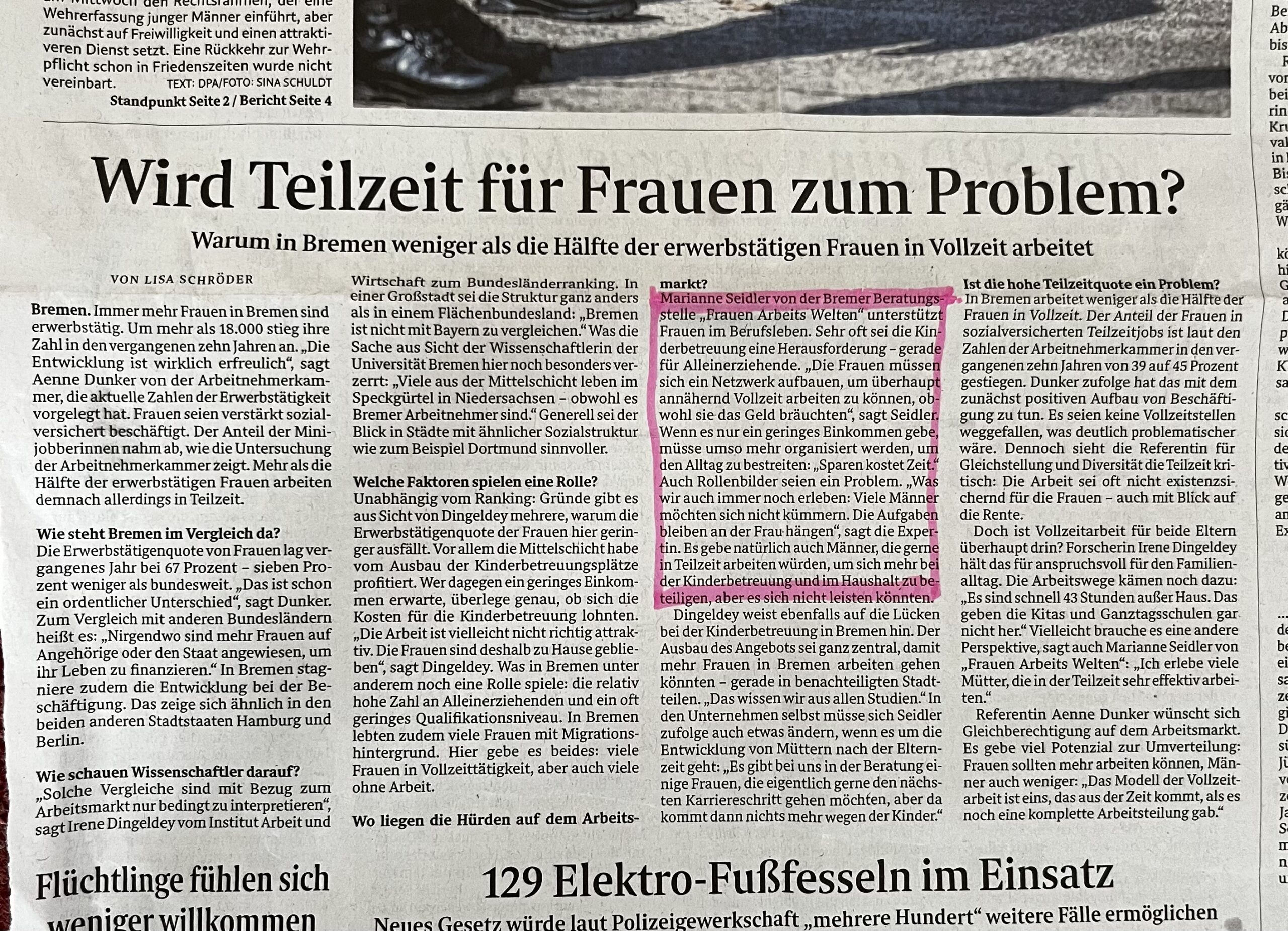 Artikel zum Thema Frauen und Teilzeit im Weserkurier